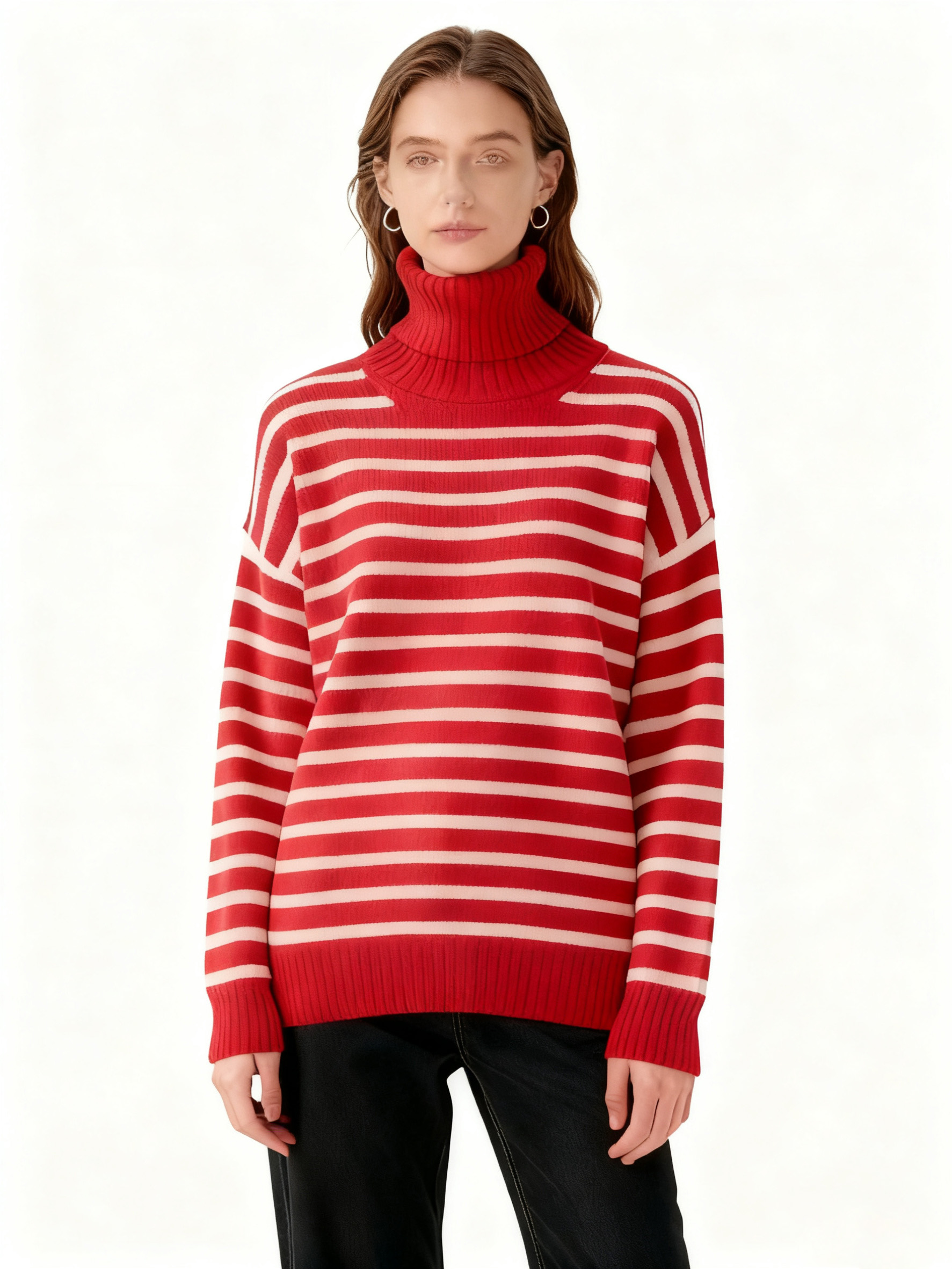 Ankola Red Turtleneck Striprd Sweater_ABSW3187