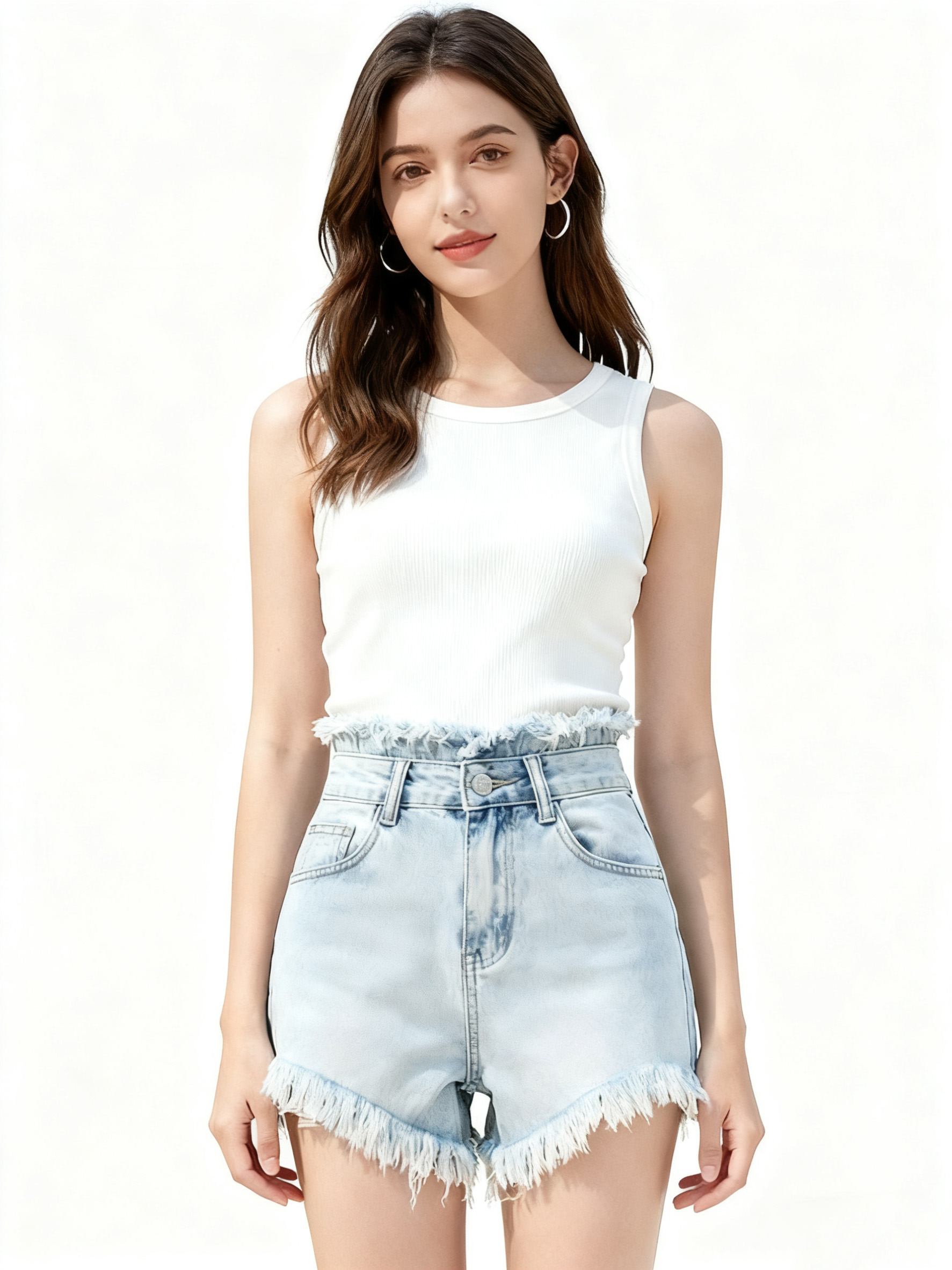 High-Waisted Frayed Denim Shorts Shorts_ABSJE0502